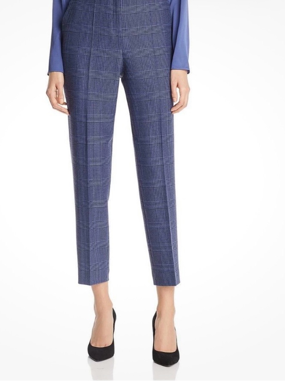 Hugo Boss Women’s Tavela Wool Blend Blue Glen Plaid Tailored Ankle Trousers